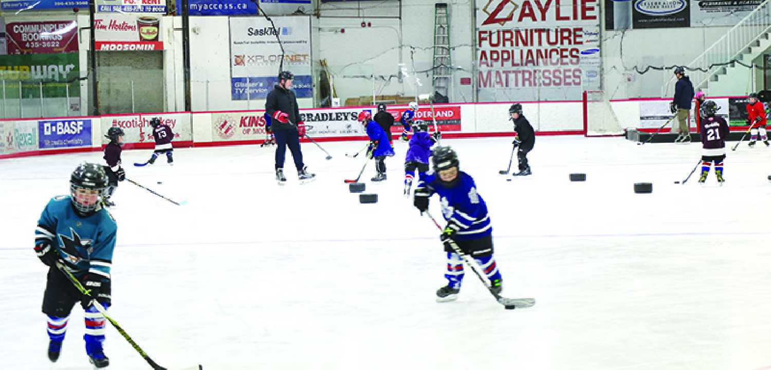 Minor hockey practice at the Mike Schwean Arena in Moosomin last week with three teams on the ice